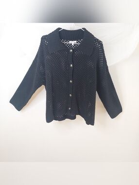 Maurices 2X Black Open Knit Crochet Cardigan Button Front Collared